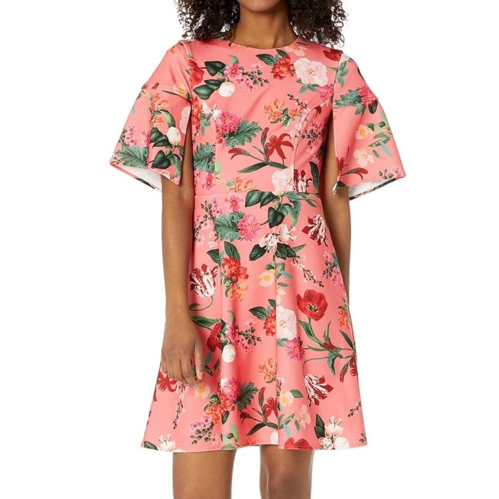 Vince Camuto NWT Coral Floral Pebbled Crepe Split Sleeve Fit & Flare Dress